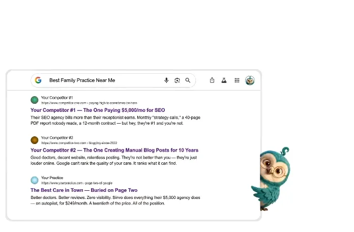Google search results for “best family practice near me”: competitors paying $5,000/mo rank first while your practice is buried on page two — until Siro lifts it to the top.